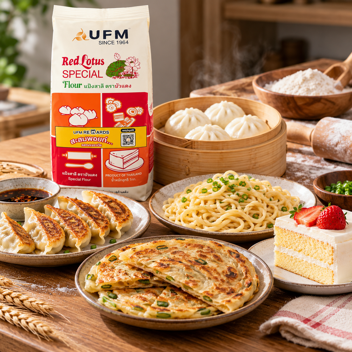 UFM Red Lotus Cake Flour 1kg | Low-Protein Thai Flour for Bao & Chiffon