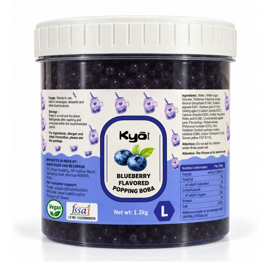 KYO Blueberry Popping Boba 1.2kg tub – ready-to-use bubble tea topping