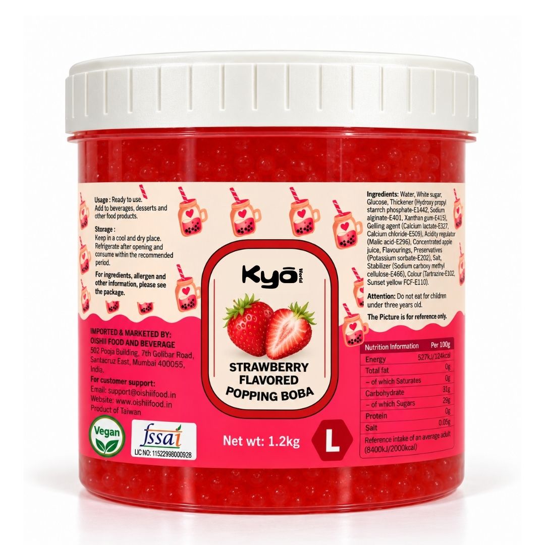 KYO Strawberry Popping Boba 1.2kg tub – ready-to-use bubble tea topping