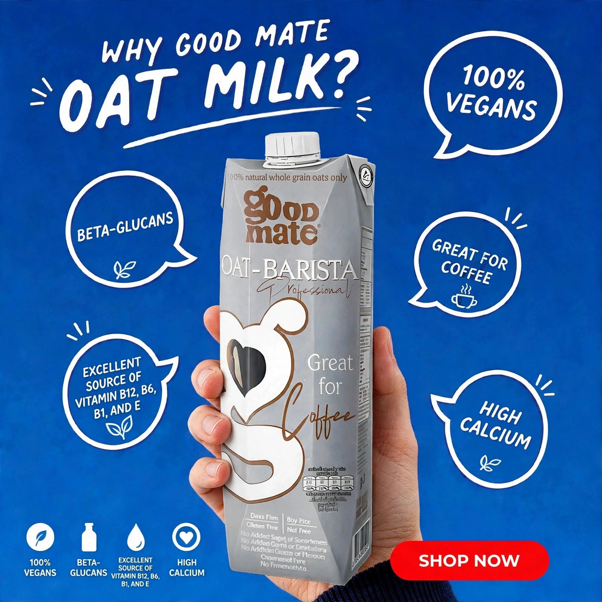 Goodmate Barista Oat Milk | 1L Dairy-Free | Extra Creamy | No Added Sugar | Pack of 1/6/12