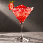 KYO strawberry popping boba served in a bubble tea drink