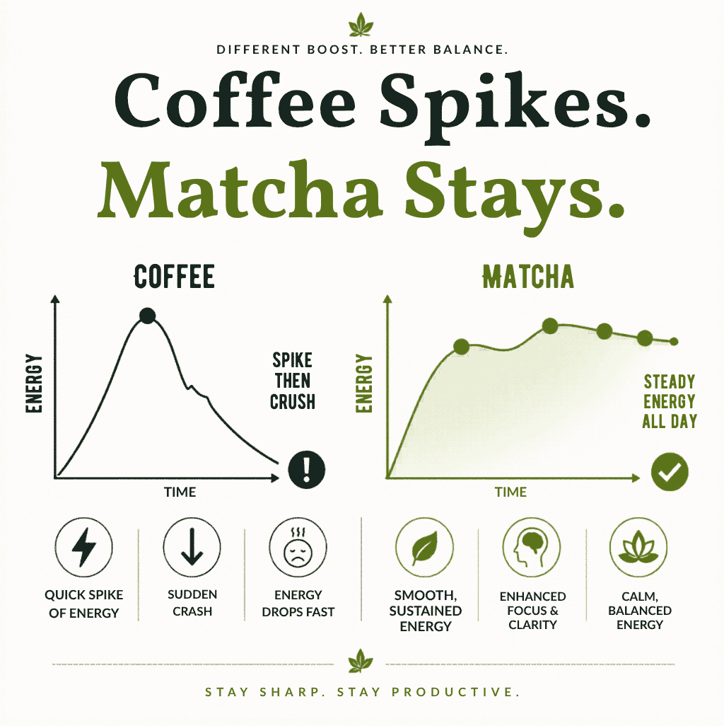 Comparison chart between coffee and matcha energy levels over time with corresponding benefits.