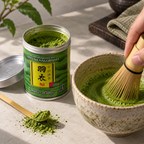 Hagoromo matcha whisked into an iced matcha latte at home